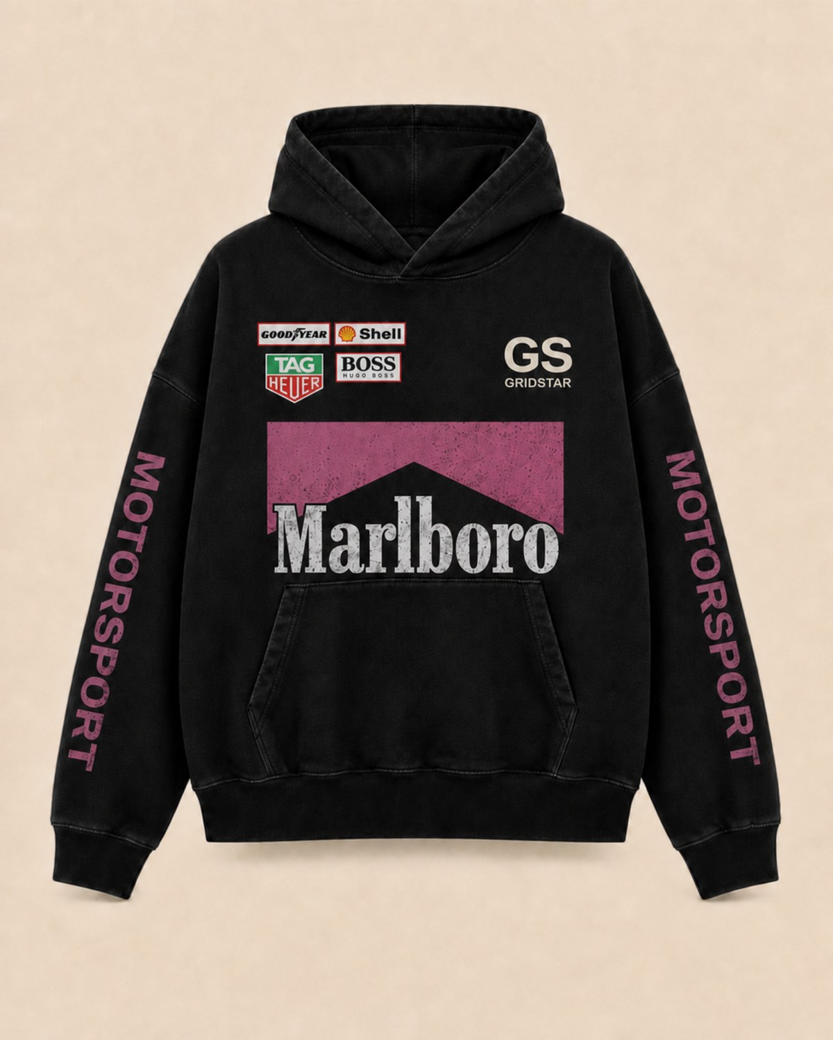 Magenta Box Hoodie in black, front view