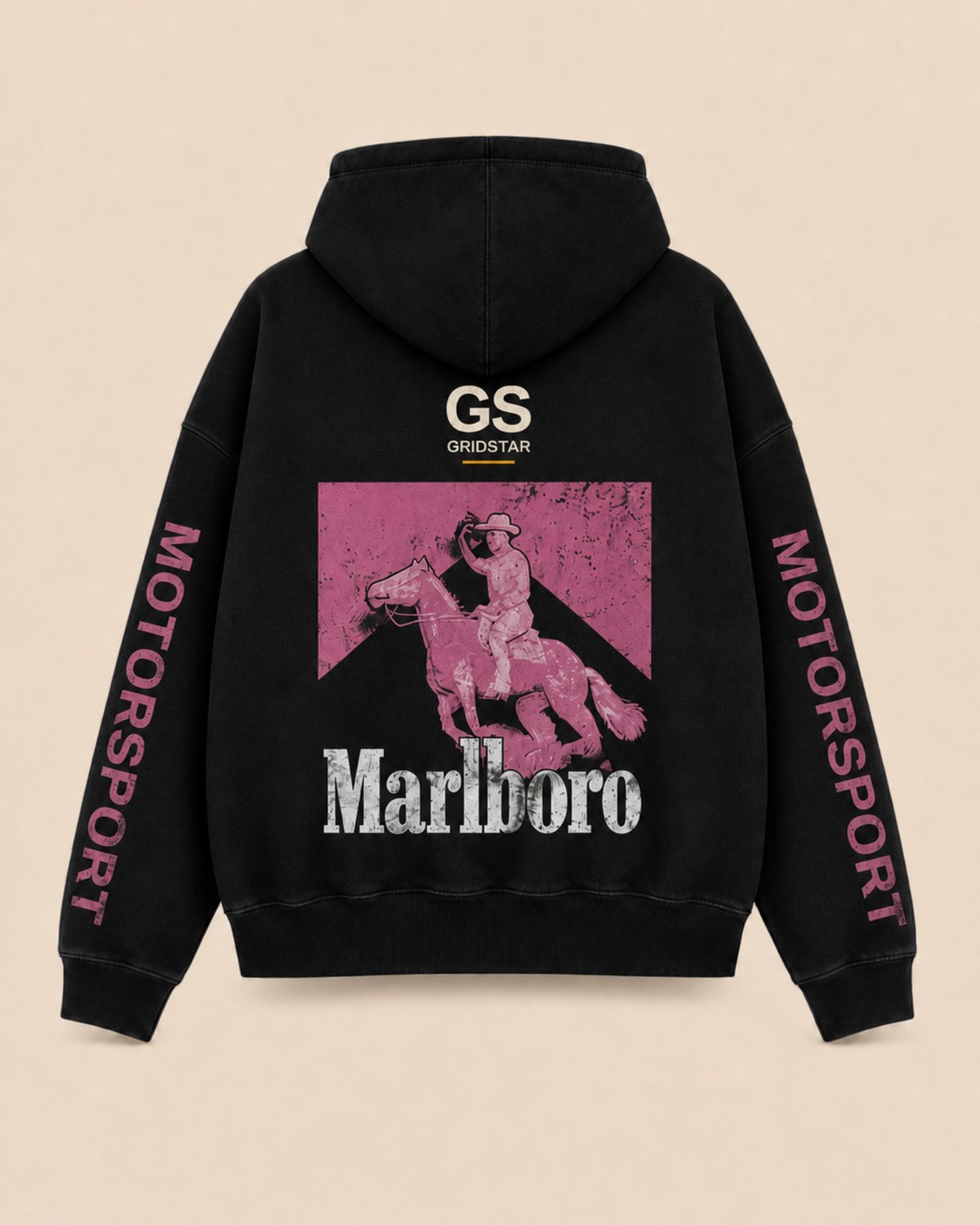 Magenta Poster Hoodie in black, front view